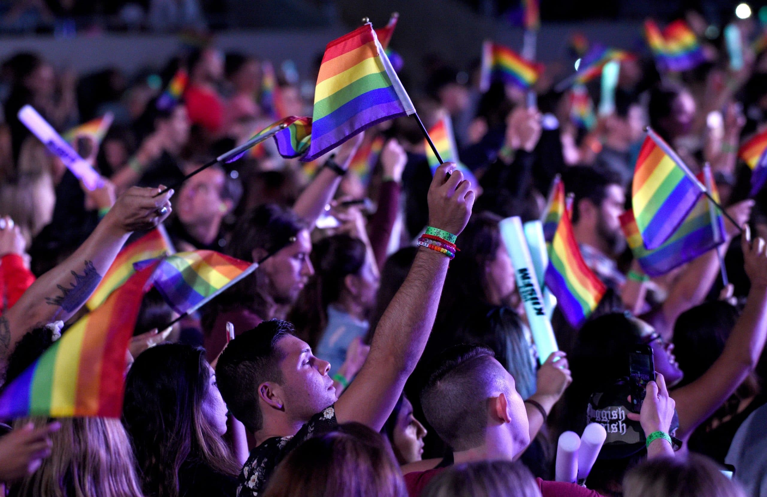 Community members celebrating with Pride flags